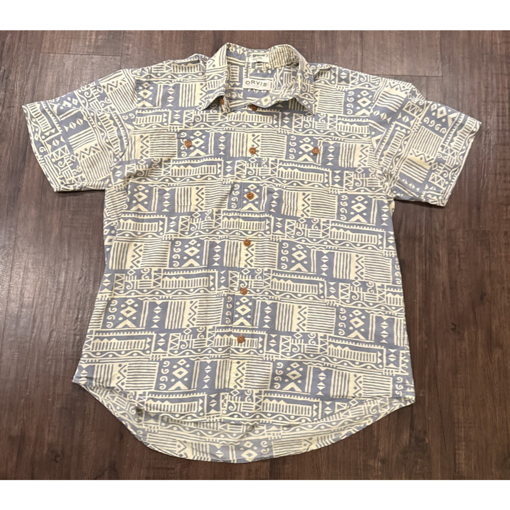 VTG Orvis Shirt Adult XL Blue Aztec Outdoors Abstract Lightweight Casual Mens